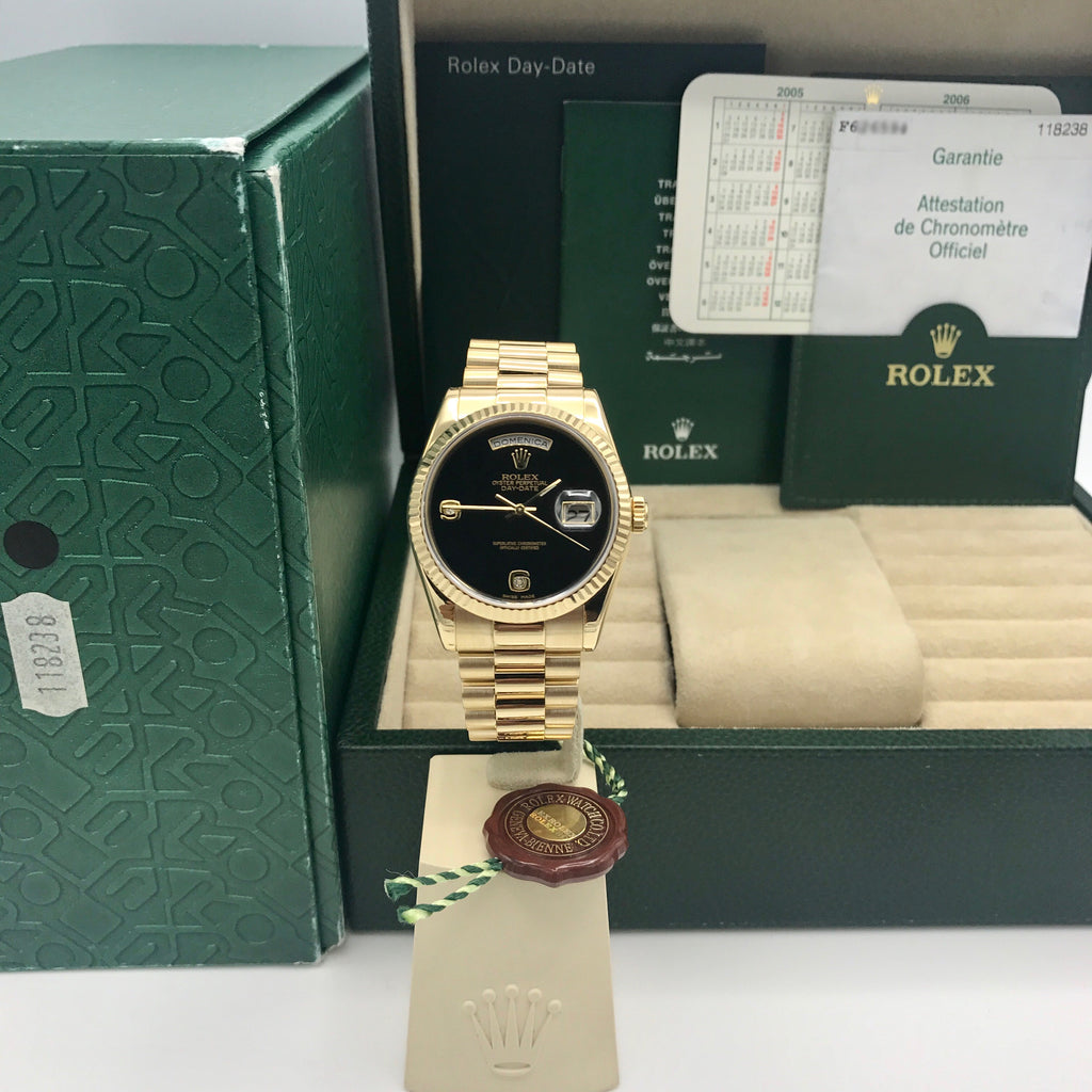 Rolex Day Date 118238 soild 18k gold Onyx Diamond dial Full set box and papers