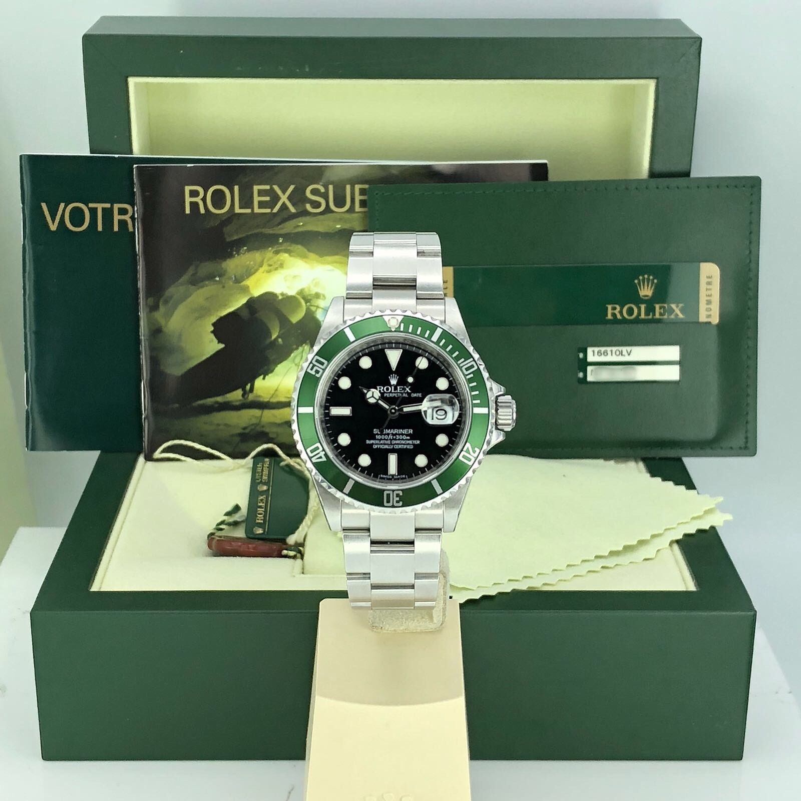 Rolex 16610LV Submariner Anniversary Green Kermit Full Set Card 2008 M Serial
