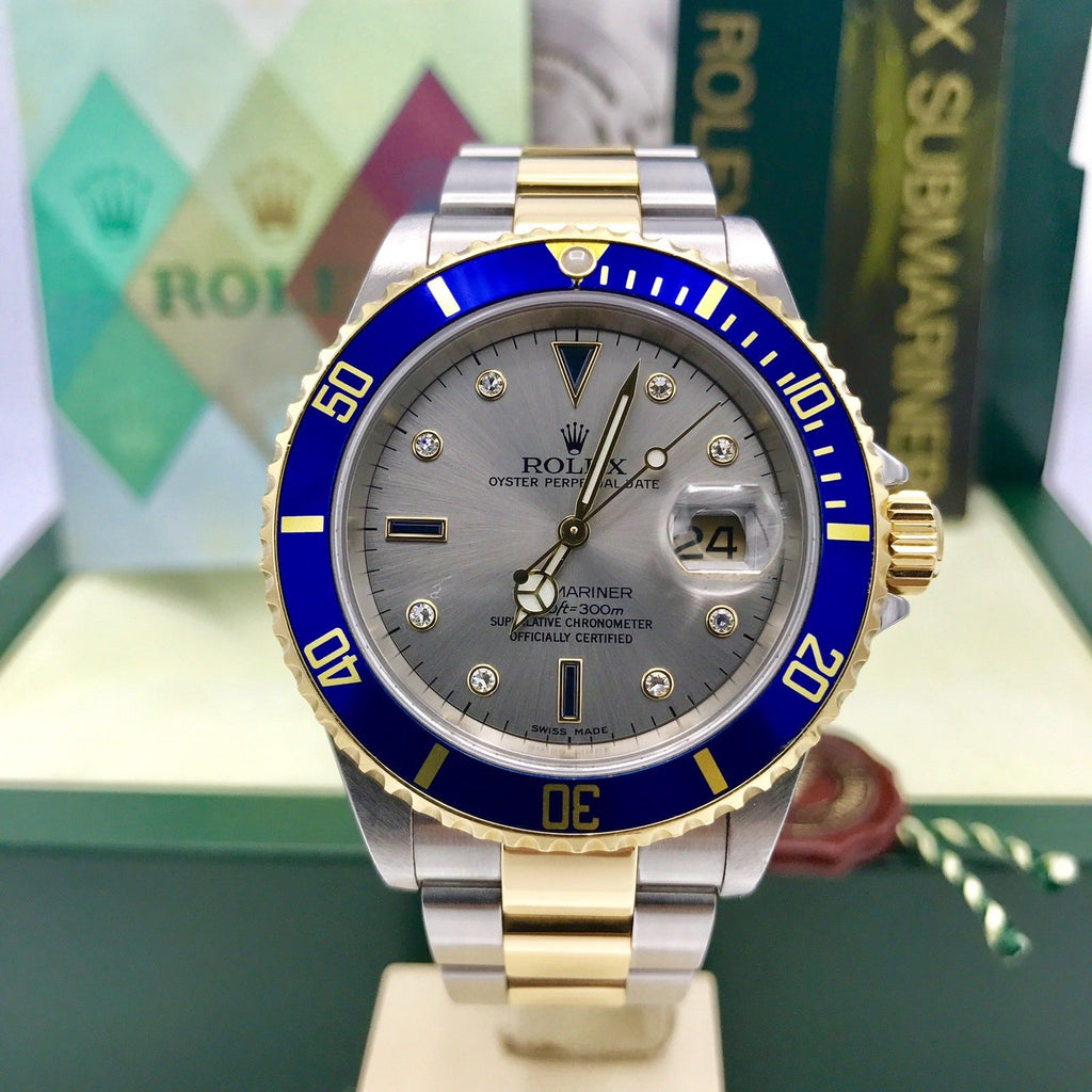 Rolex Submariner 16613 18k gold & Steel Gray Serti Diamonds Dial Box and paper