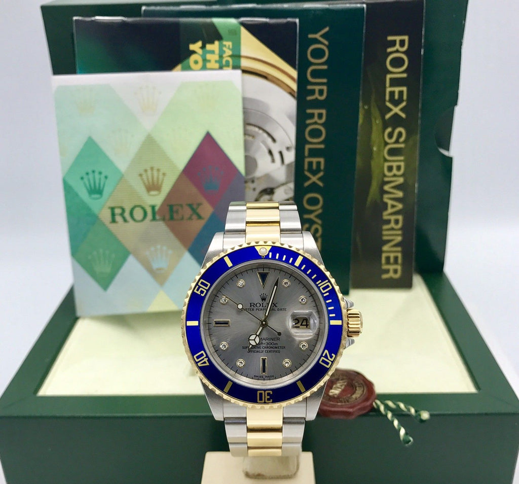 Rolex Submariner 16613 18k gold & Steel Gray Serti Diamonds Dial Box and paper