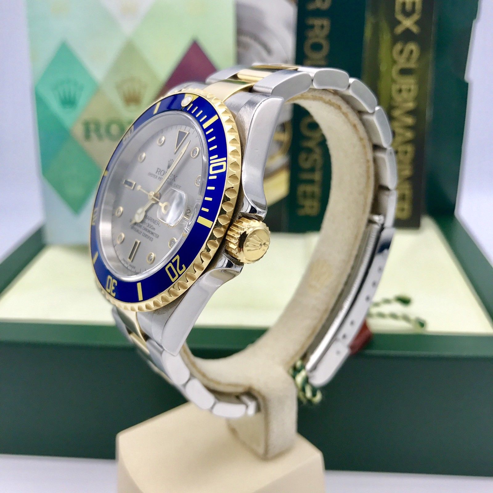 Rolex Submariner 16613 18k gold & Steel Gray Serti Diamonds Dial Box and paper
