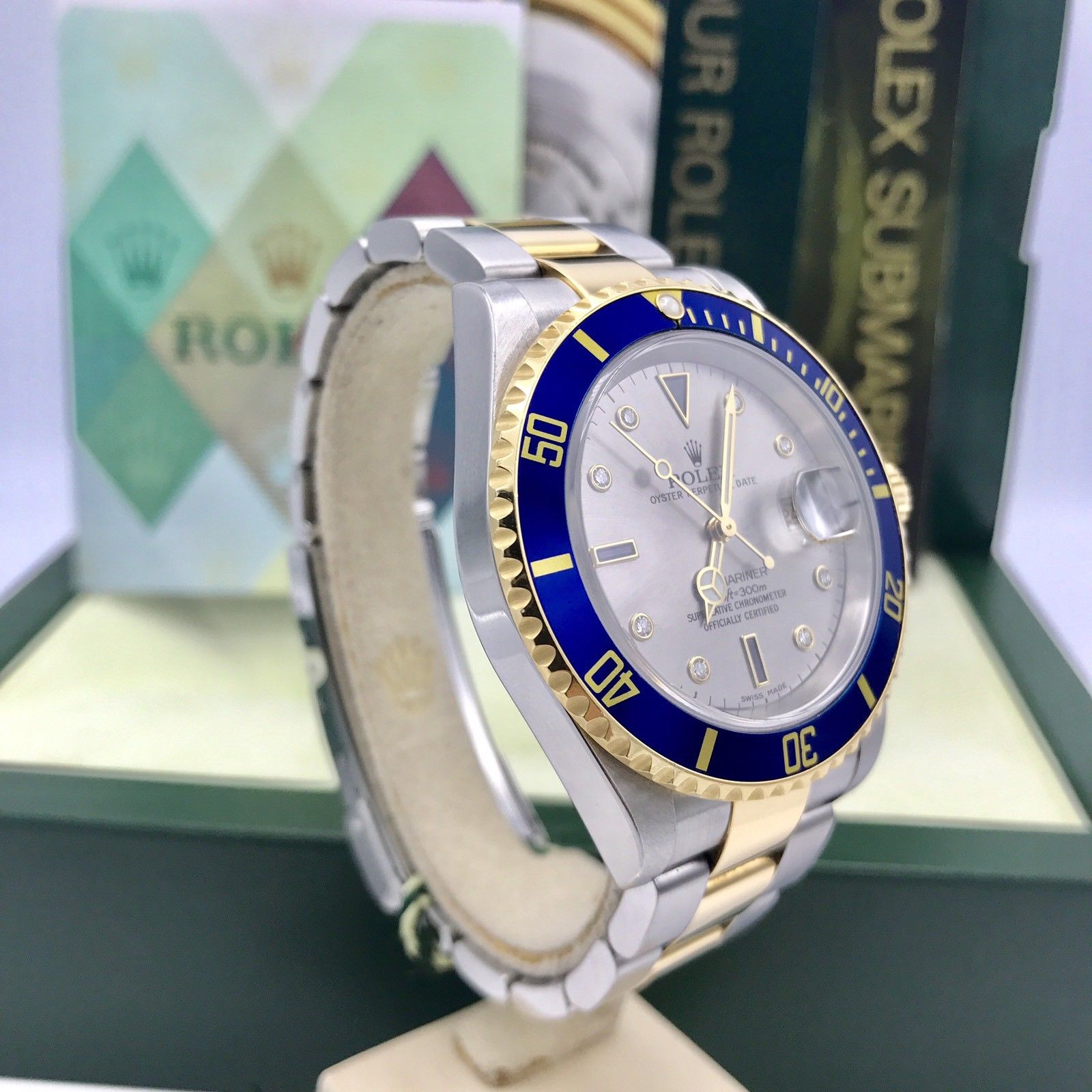 Rolex Submariner 16613 18k gold & Steel Gray Serti Diamonds Dial Box and paper