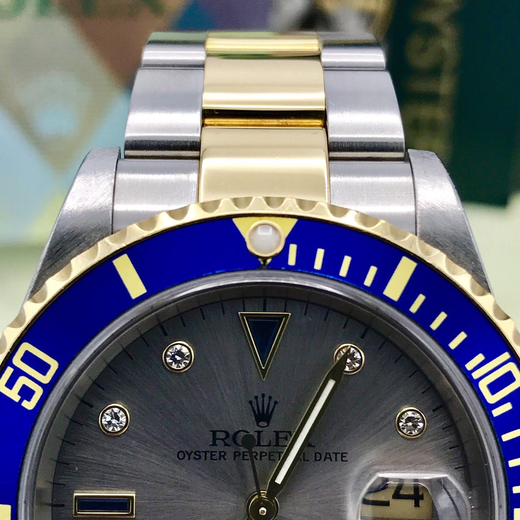 Rolex Submariner 16613 18k gold & Steel Gray Serti Diamonds Dial Box and paper