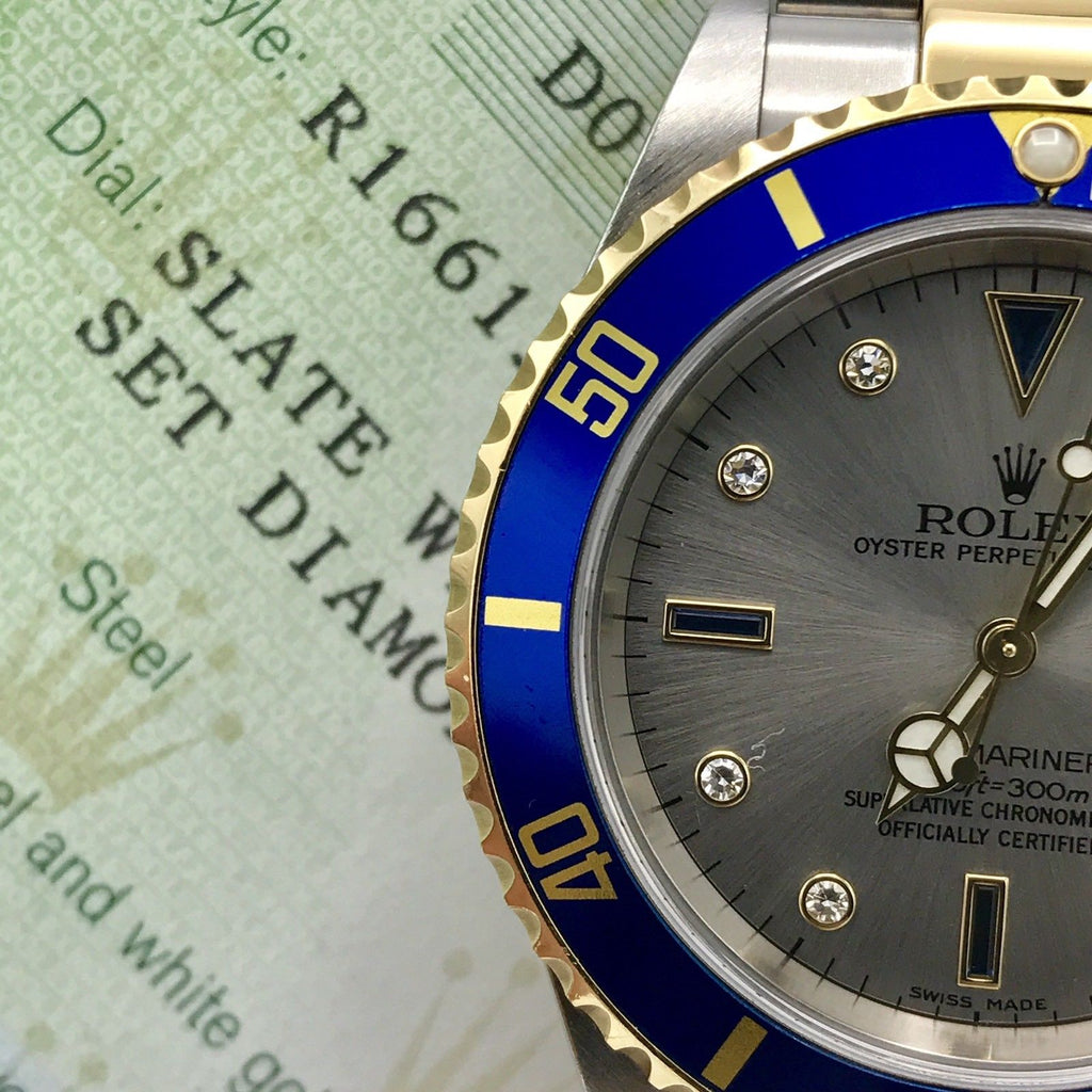 Rolex Submariner 16613 18k gold & Steel Gray Serti Diamonds Dial Box and paper
