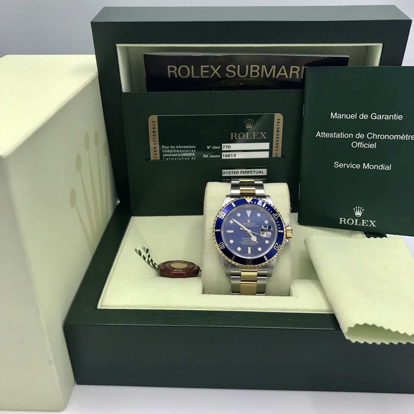Rolex Submariner 16613 18k gold & Steel engraved Blue Dial Box and Card 2009