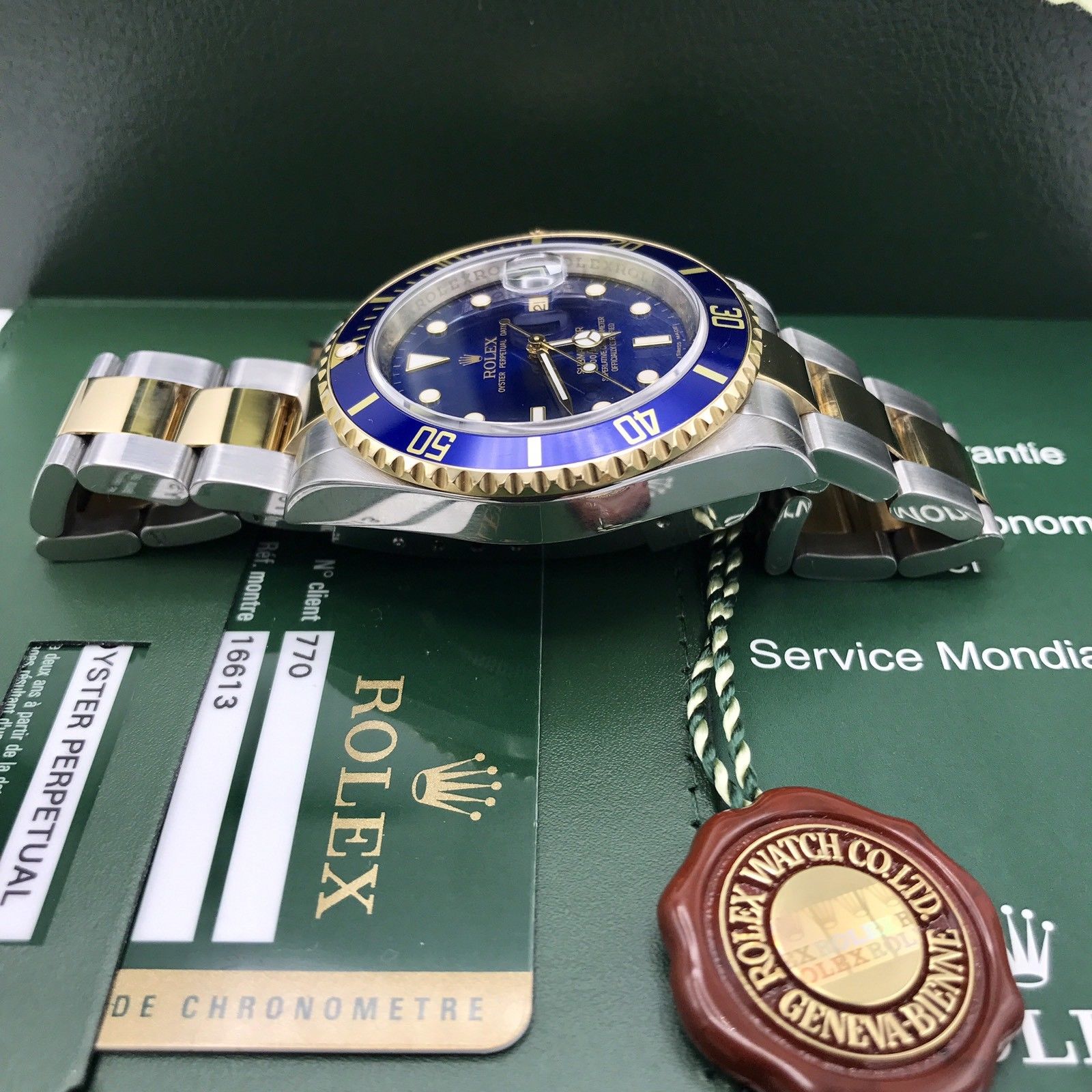 Rolex Submariner 16613 18k gold & Steel engraved Blue Dial Box and Card 2009