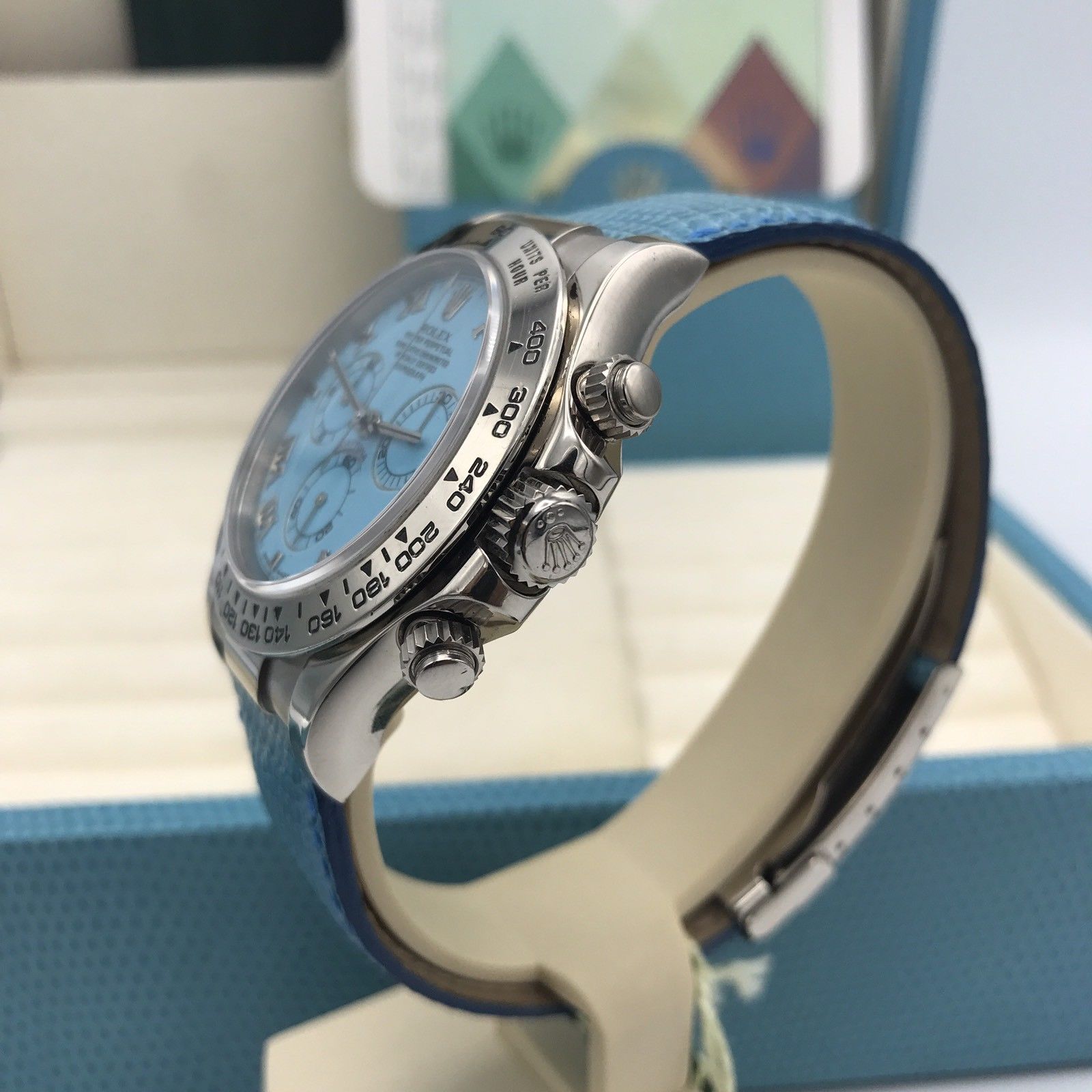 Rolex 116519 Daytona W Gold Summer Beach Turquoise Blue Full Set