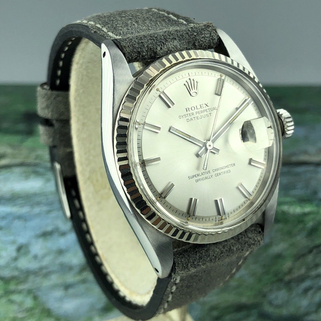 Vintage Rolex 1601 DateJust Factory Wide Boy Dial With Box 1968 Gold Bezel