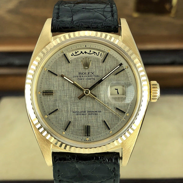 Vintage Rolex Arabic Day Date 1803 Solid 18k Silver Linen Dial Saudi Engraving