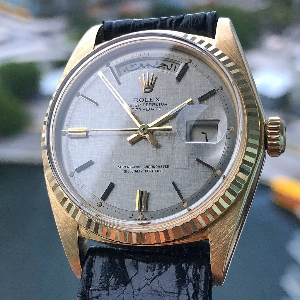 Vintage Rolex Arabic Day Date 1803 Solid 18k Silver Linen Dial Saudi Engraving