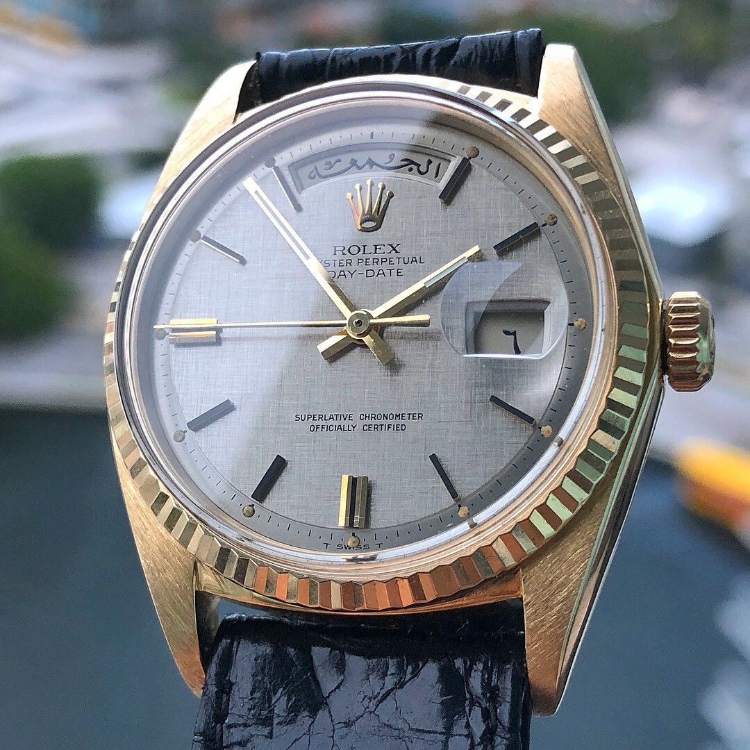 Vintage Rolex Arabic Day Date 1803 Solid 18k Silver Linen Dial Saudi Engraving