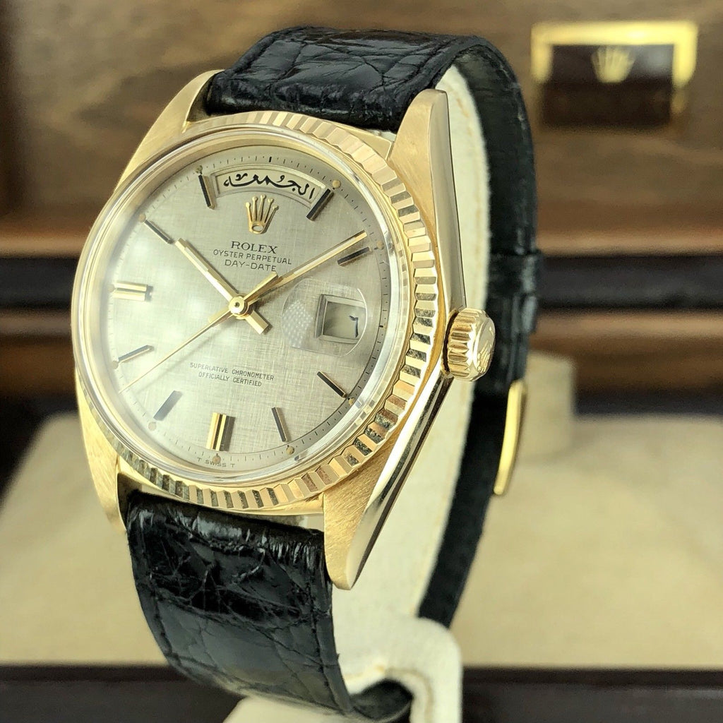 Vintage Rolex Arabic Day Date 1803 Solid 18k Silver Linen Dial Saudi Engraving
