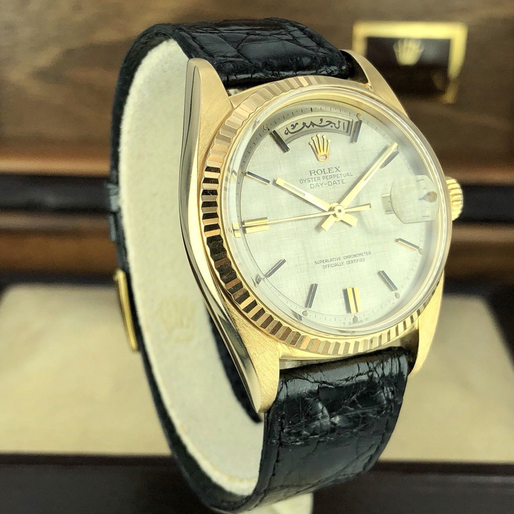 Vintage Rolex Arabic Day Date 1803 Solid 18k Silver Linen Dial Saudi Engraving
