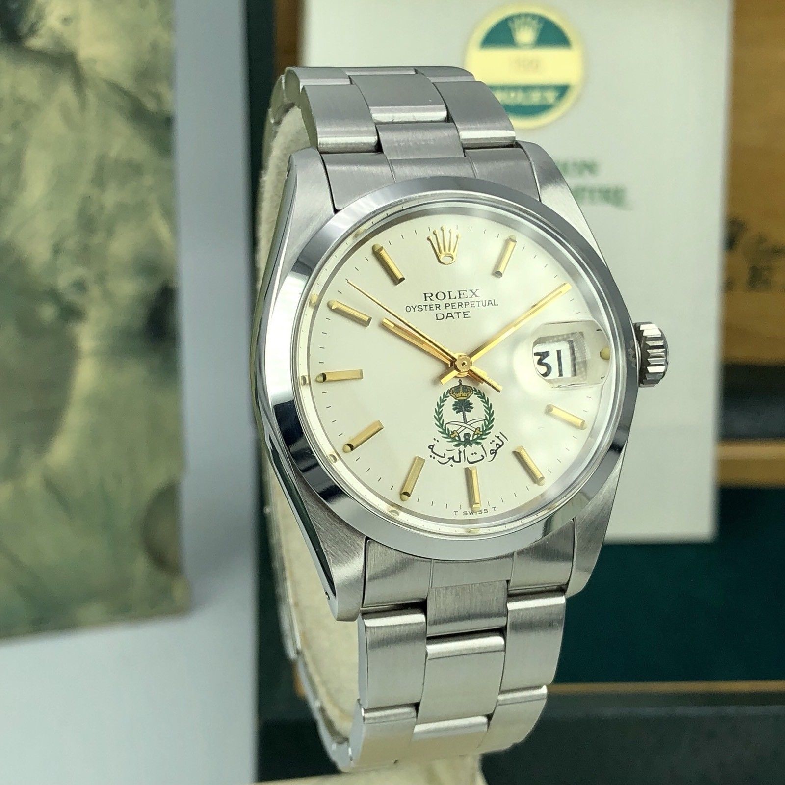1977 Vintage Rolex Date 1500 Saudi military Logo Dial Box and Papers