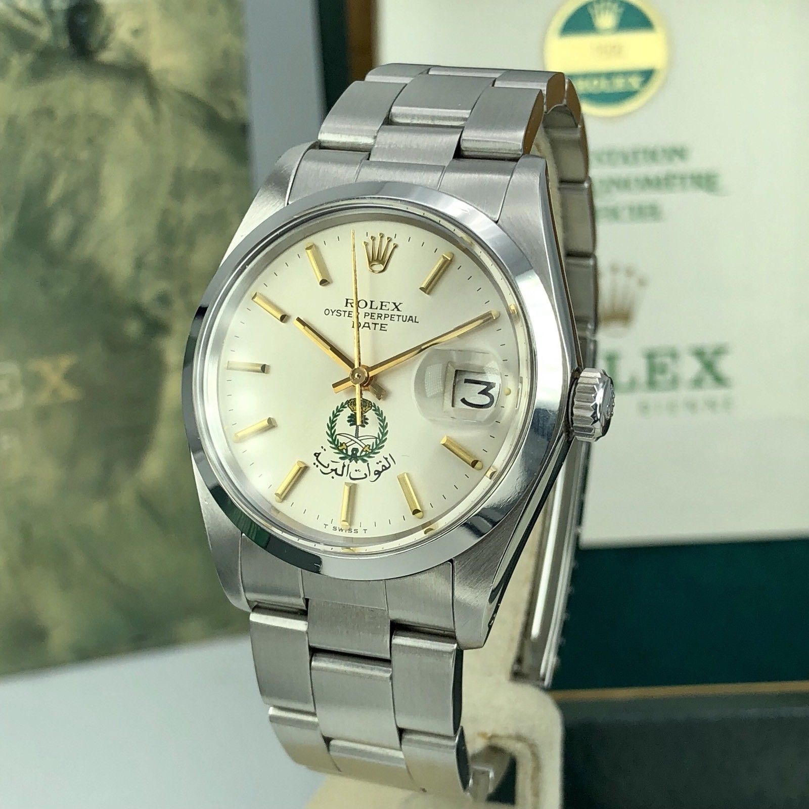 1977 Vintage Rolex Date 1500 Saudi military Logo Dial Box and Papers