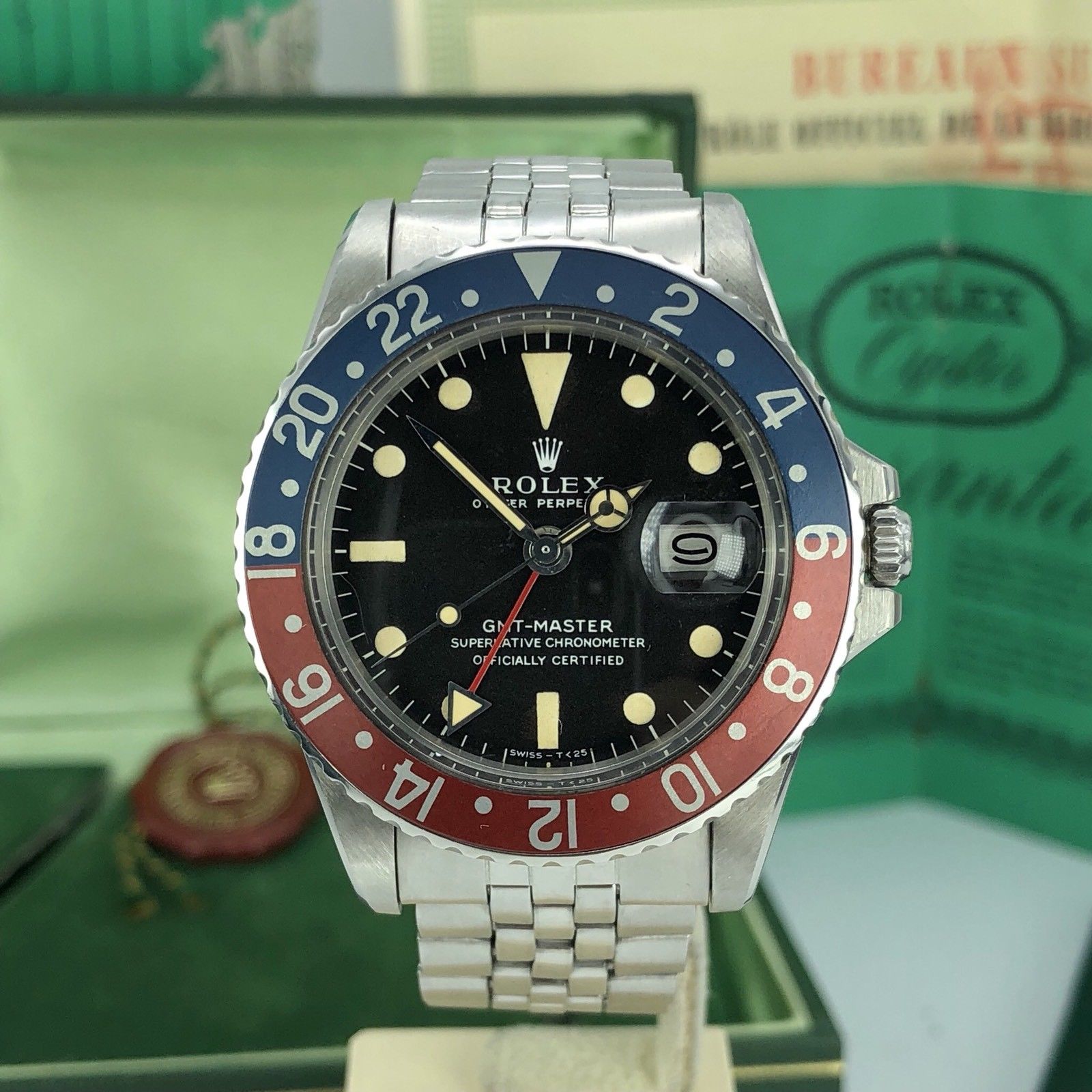 Vintage Rolex GMT Master 1675 Mk1 Dial Full Set Double Punch Papers Box 1968
