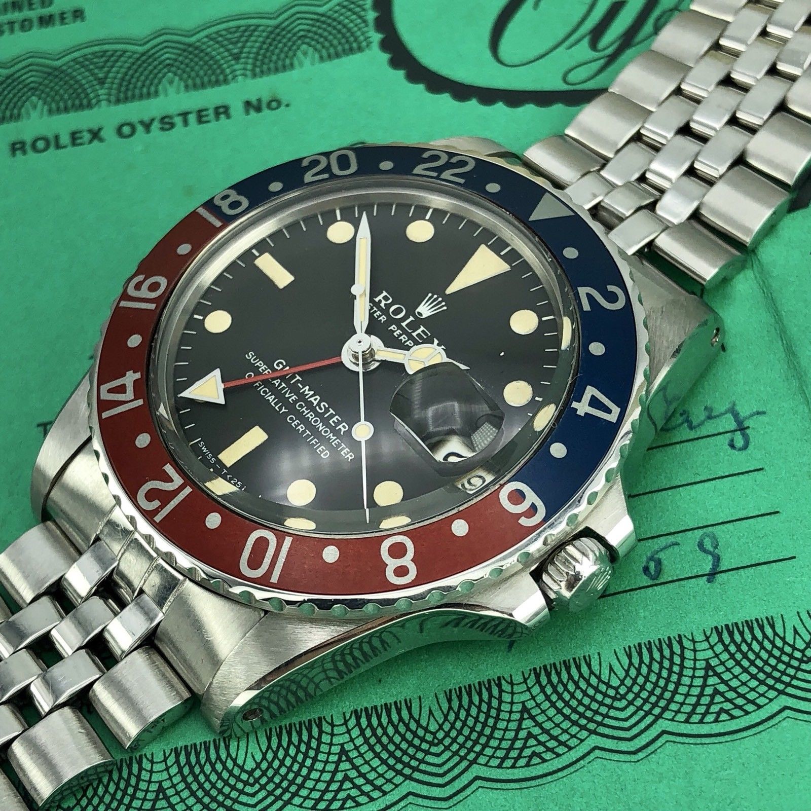 Vintage Rolex GMT Master 1675 Mk1 Dial Full Set Double Punch Papers Box 1968