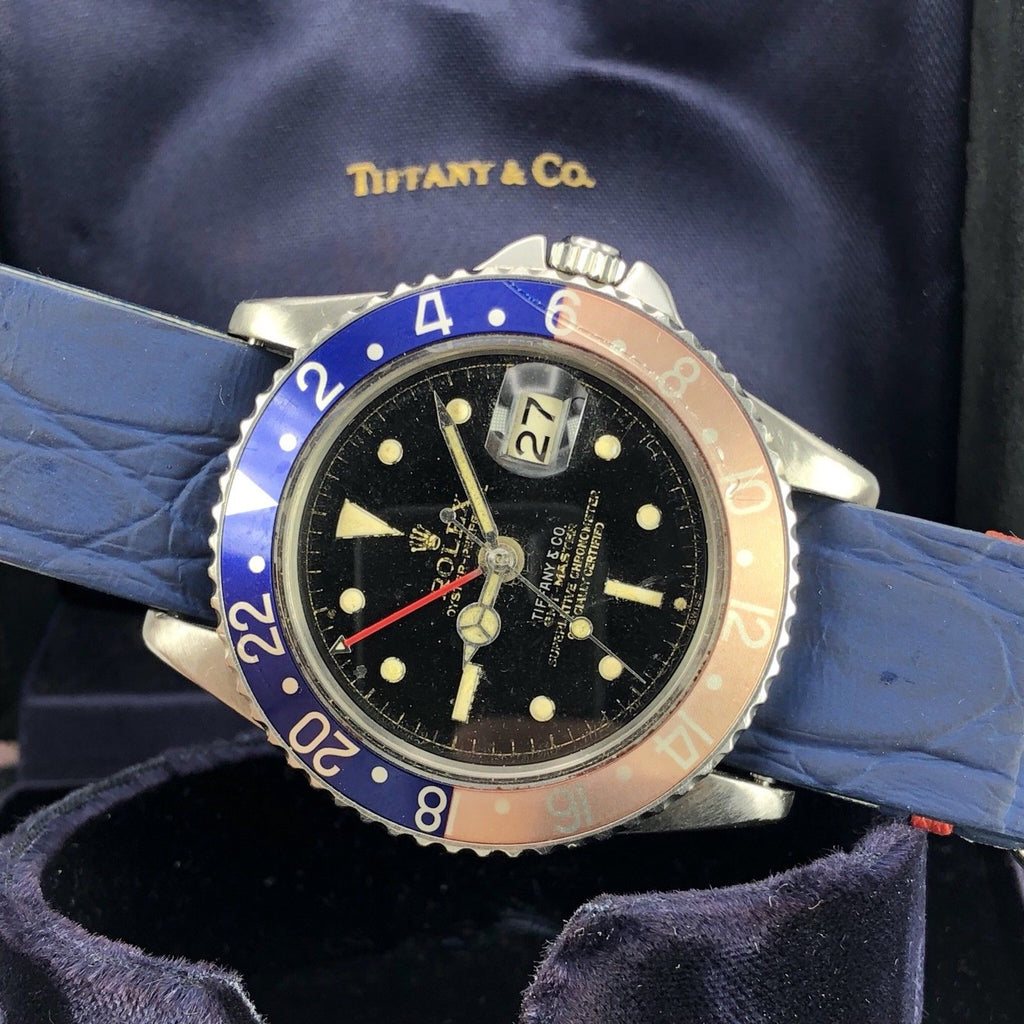 Vintage Rolex GMT Master 1675 Tiffany & Co Gilt Exclamation Ring dial PCG 1960